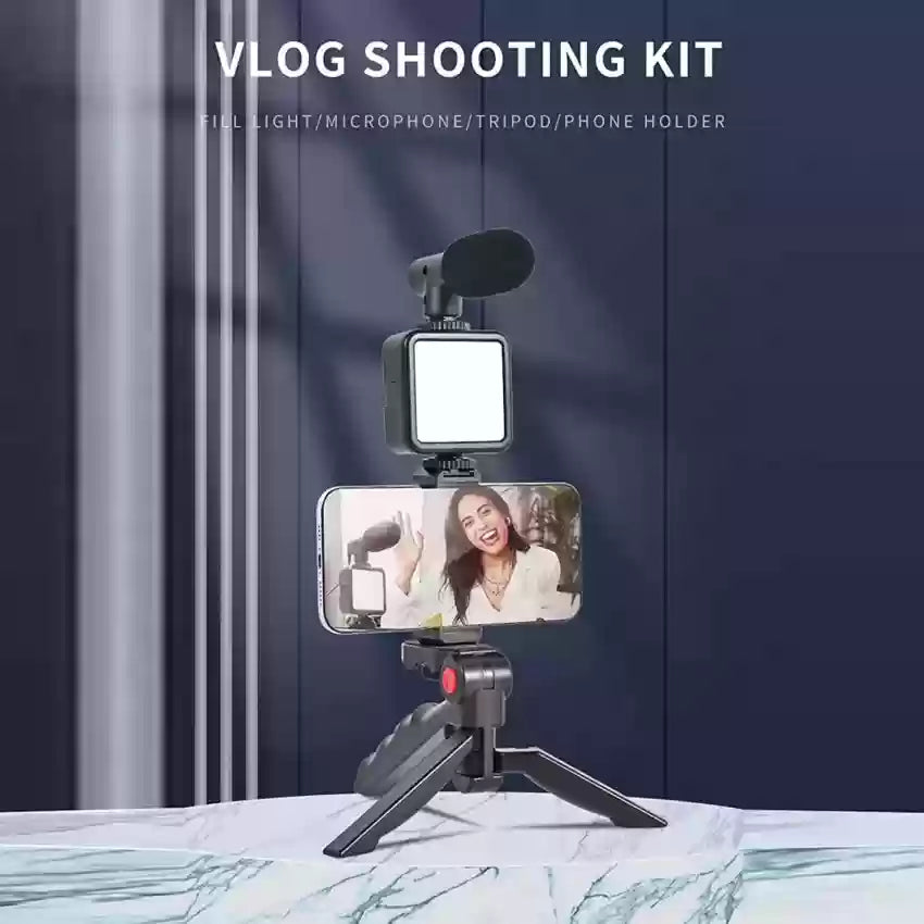 Vlogging Kit for Video Making (Mini Tripod Stand. Mic. LED Light & Phone Holder Clip)