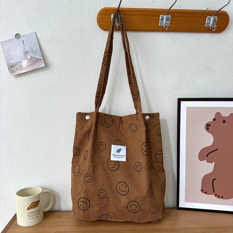 Women's Large Corduroy Smile Face Streetwear Square Magnetic Buckle Handbag