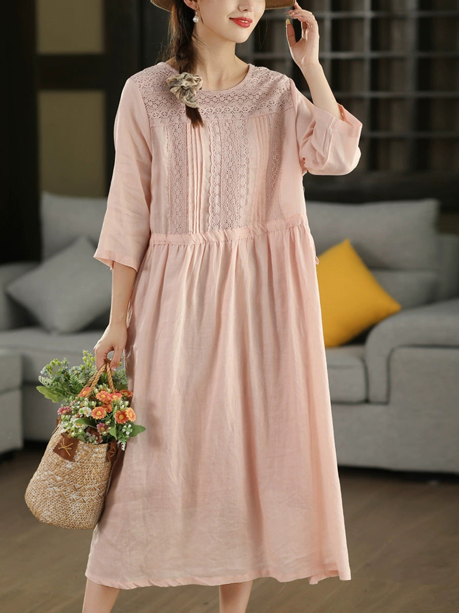 Women Summer Artsy Hook Flower Spliced V-Neck 100%Ramie Dress