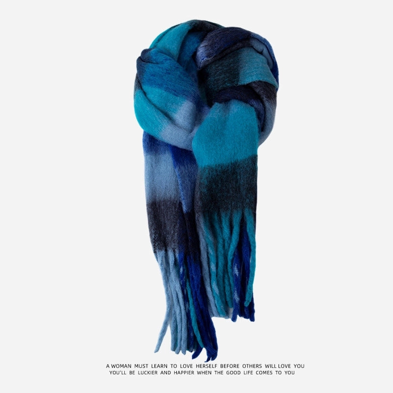 Blue Plaid Student Warm Big Scarf Women's Winter New Versatile  Shawl Outer Wear Dual-use Scarf