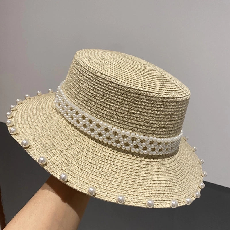 Summer Retro Large Brim Sunscreen Pearl Straw Hat