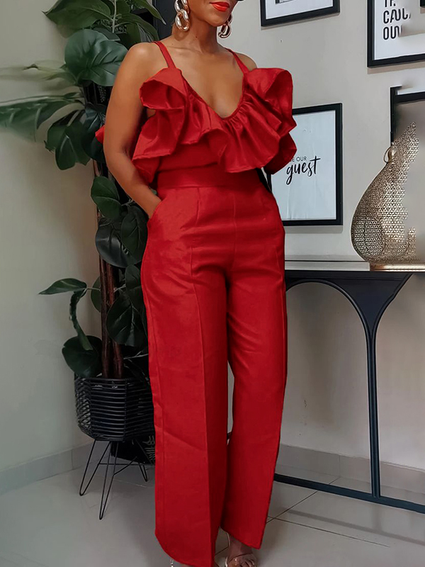 High Waisted Sleeveless Pleated Pockets Ruffled Solid Color Spaghetti-Neck Jumpsuits