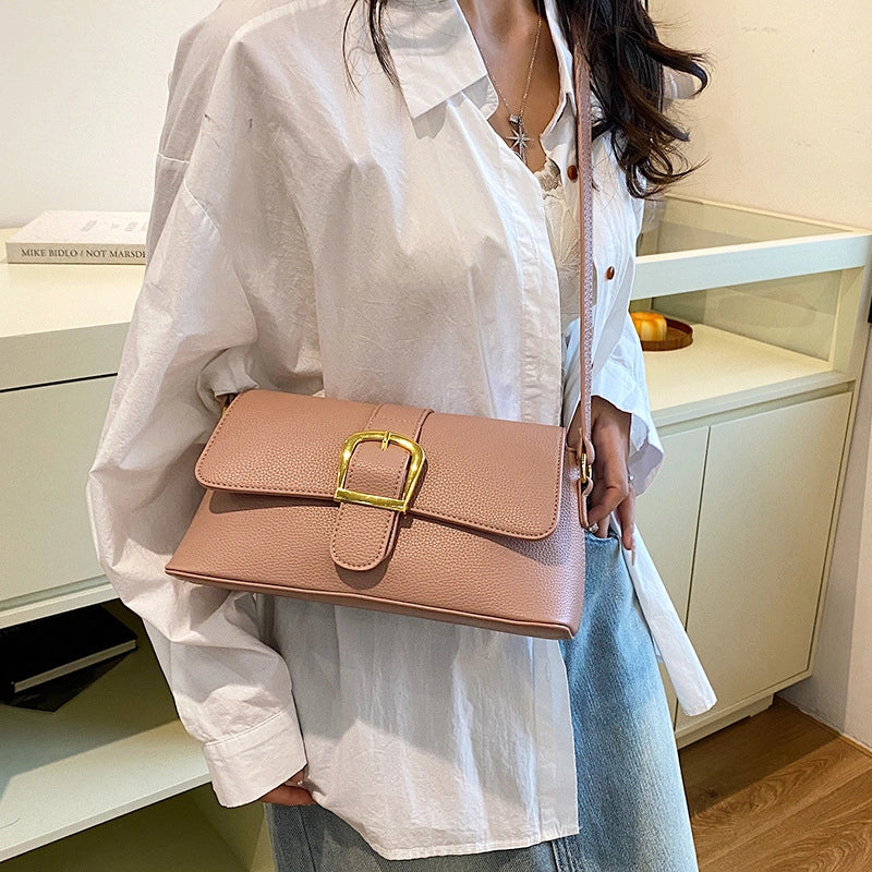 Women's Medium Pu Leather Solid Color Classic Style Sewing Thread Square Magnetic Buckle Shoulder Bag