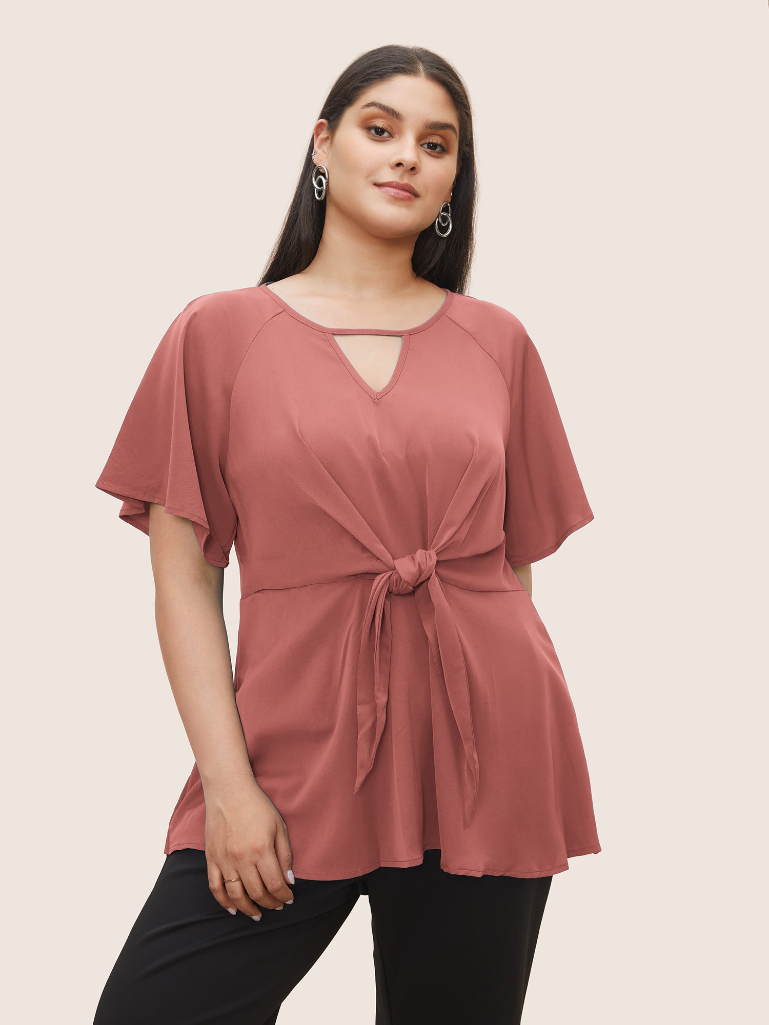 Plain Keyhole Knotted Front Ruffle Sleeve Blouse