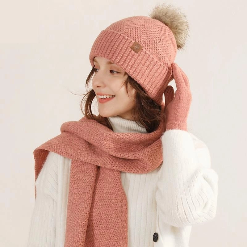 Wool Knitted Warm Gloves Hat Scarf Three-piece Suit Winter Windproof Fur Ball Fleece-lined Knitted Hat Three-piece Suit