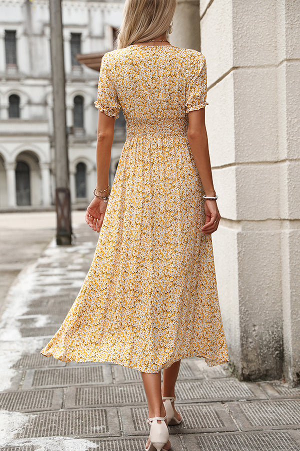 Smocked Waist V Neck Split Maxi Dress