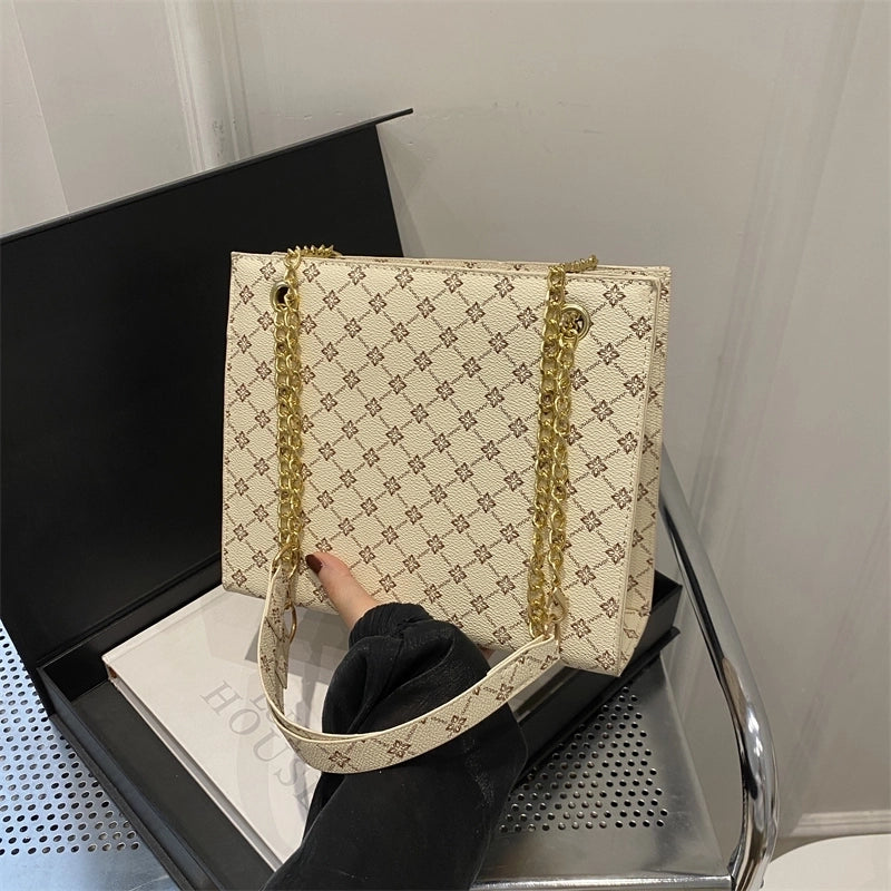 Women's Large Pu Leather Solid Color Argyle Vintage Style Classic Style Square Zipper Tote Bag