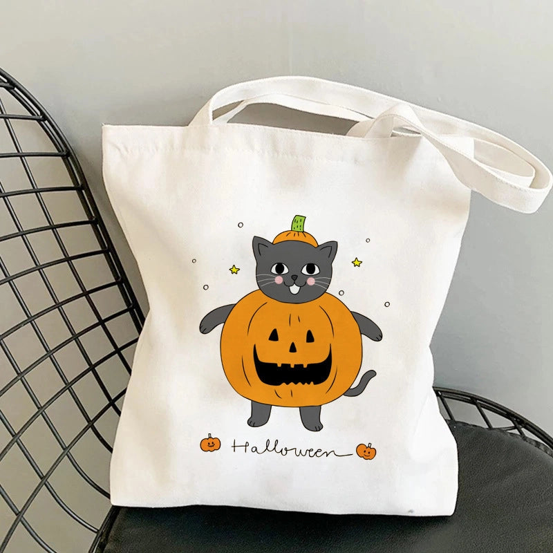 Halloween Unisex Canvas Animal Pumpkin Letter Streetwear Square Open Shoulder Bag Canvas Bag