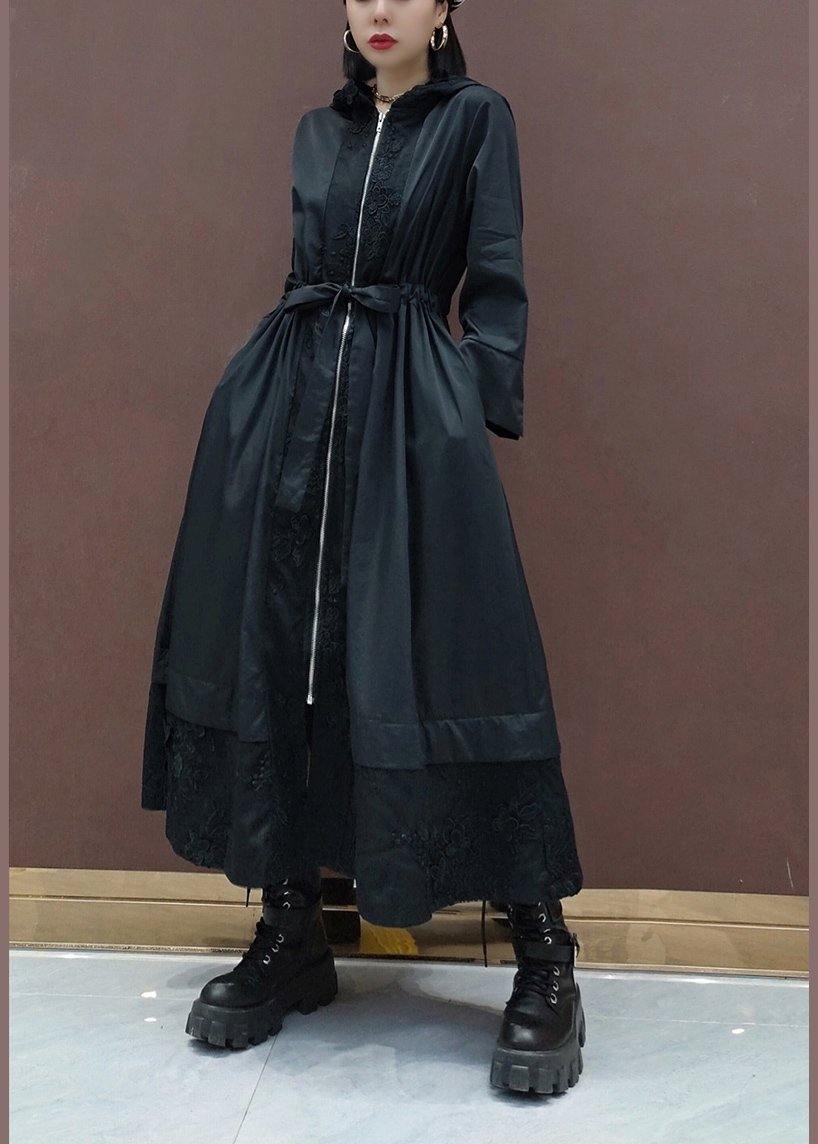 DIY Black Embroidery Plus Size Tunic Coats Inspiration Hooded Spring Coat