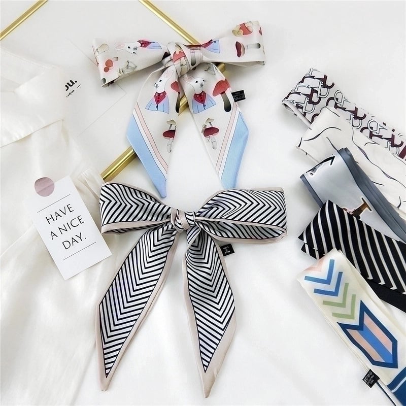 Fashion Streamer Printing Bow Silk Scarf