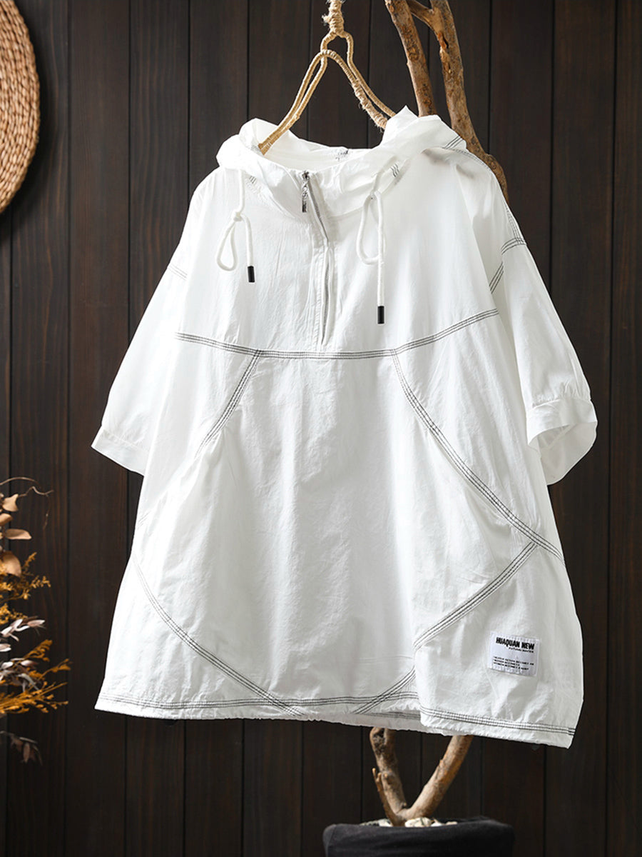 Women Summer Artsy Drawstring Hooded Cotton Shirt