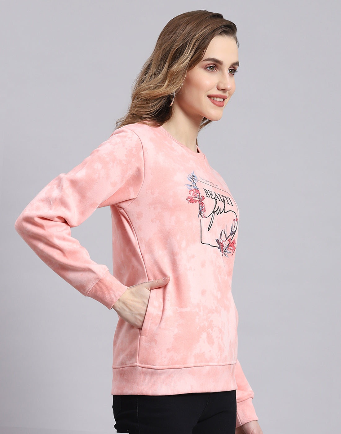 Women Pink Printed Round Neck Full Sleeve Sweatshirt