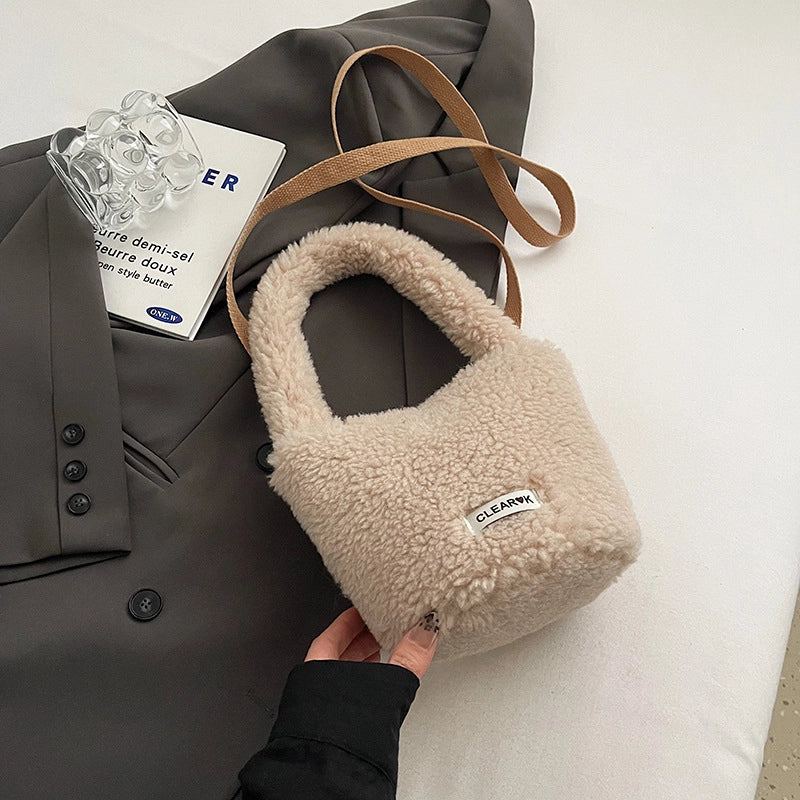 Women's Plush Solid Color Cute Bucket Magnetic Buckle Shoulder Bag Handbag Crossbody Bag