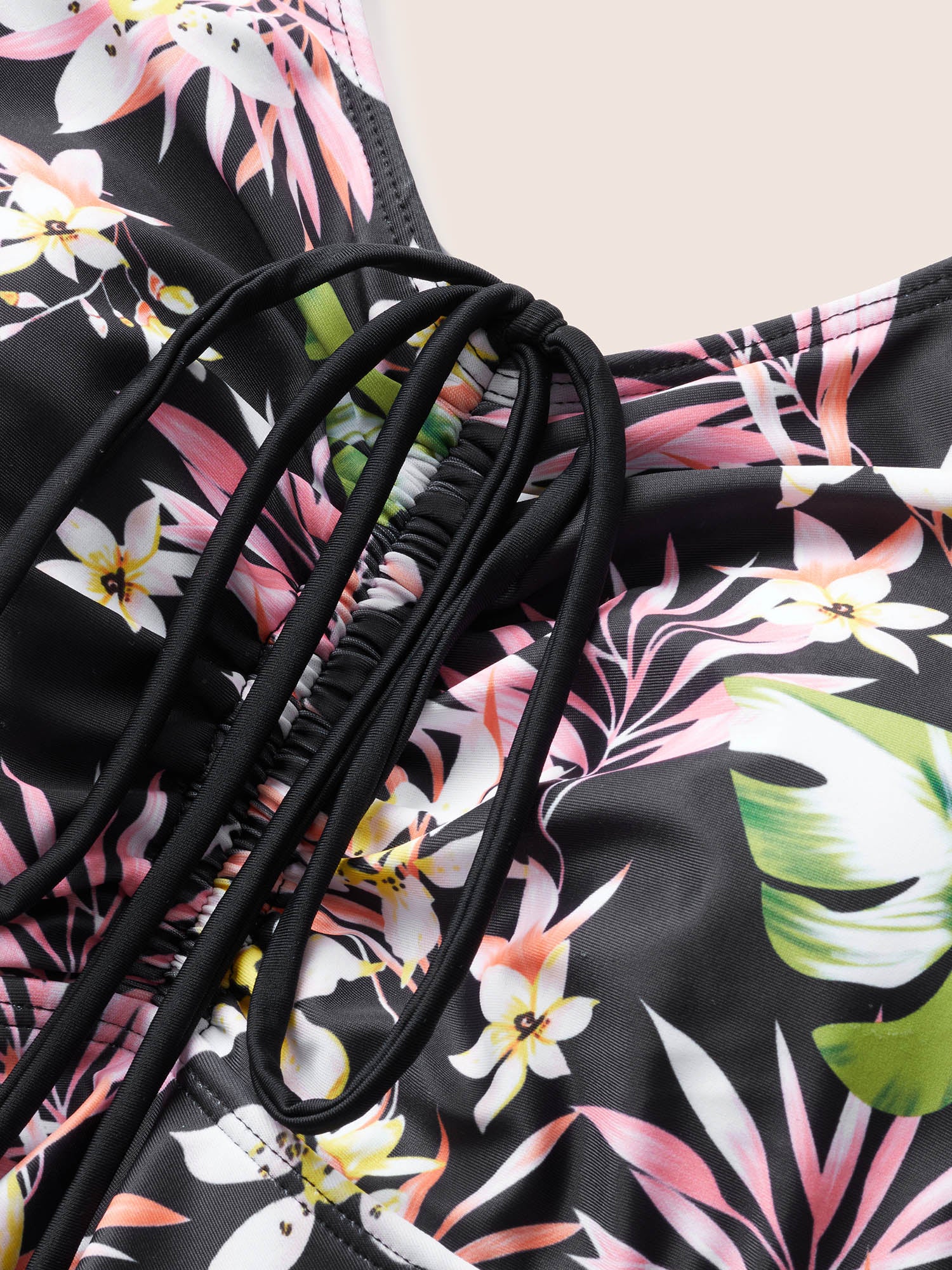 Tropical Print Patchwork Drawstring Swim Dress