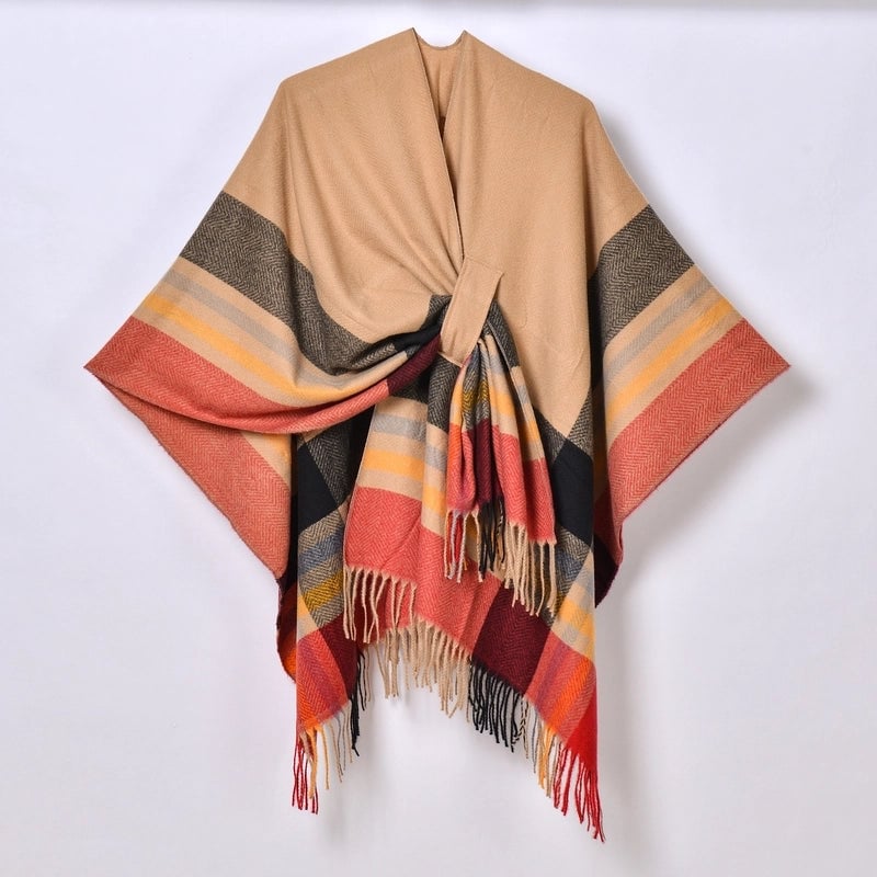 New Tassel Split Shawl Autumn And Winter Women's Simple Plaid Jacquard Scarf Cloak Hot Selling