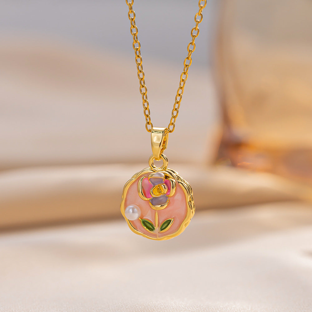Copper Pendant Enamel Flower Necklace Female Fashion Niche Clavicle Chain