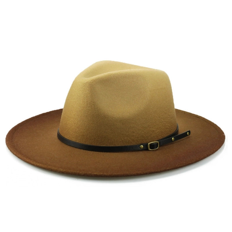 New Fashion Woolen Hat Belt Gradient Color Felt Hat Autumn And Winter Big Brim Men And Women Jazz Hat Two-color British Hat
