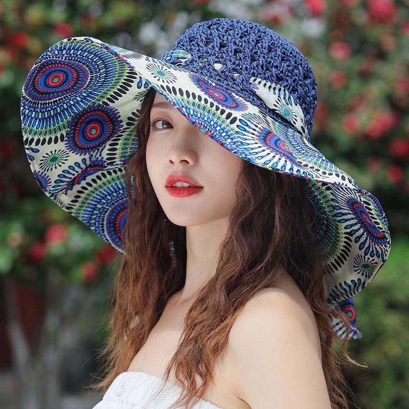 Women's Minimalist Color Block Printing Big Eaves Sun Hat