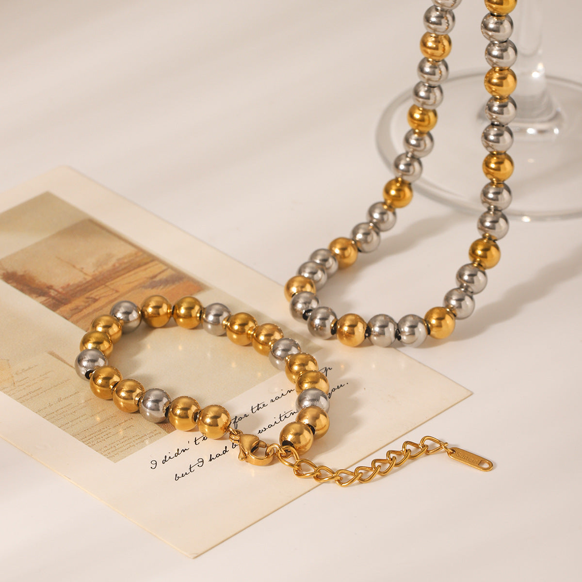 Contrast Color Round Bead Chain Stainless Steel Necklace Bracelet Women'S Titanium Steel Clavicle Chain Color Matching Necklace Bracelet