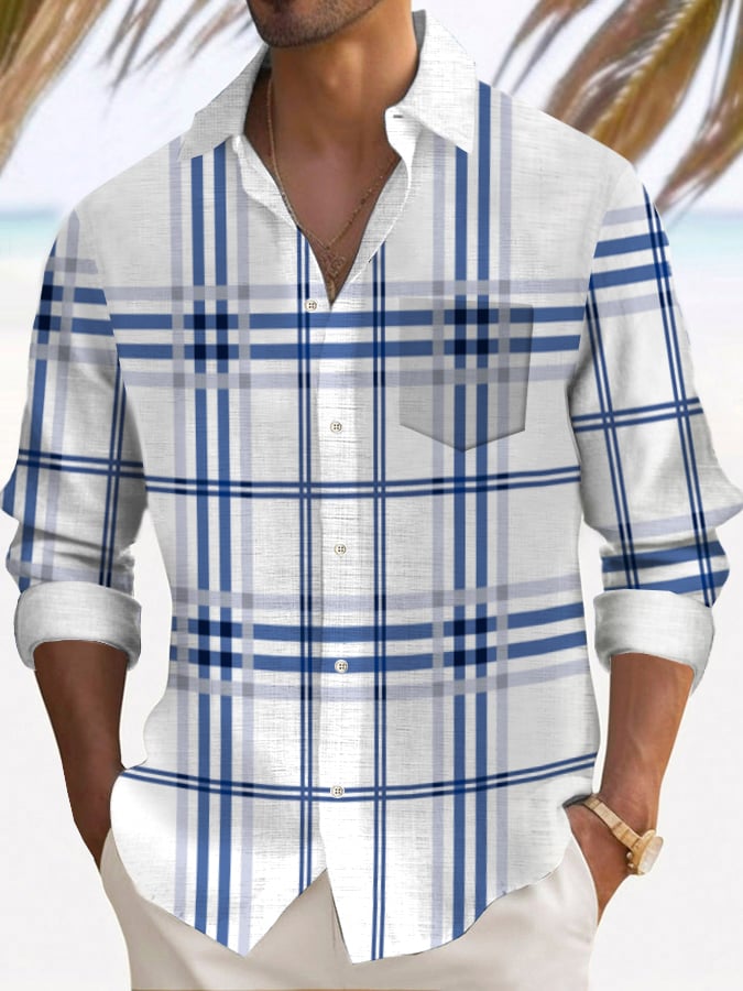 Men's Plaid Design Pocket Casual Long Sleeve Shirt