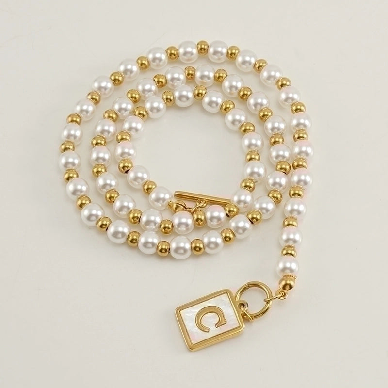 Stainless Steel 18K Gold Plated Elegant French Style Pearl Plating Inlay Letter Shell Pendant Necklace