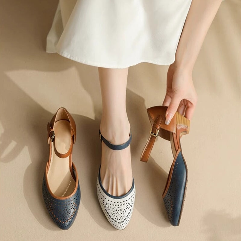 Leather Cut Out Ankle Strap Sandals For Women Handmade in 5 Colors