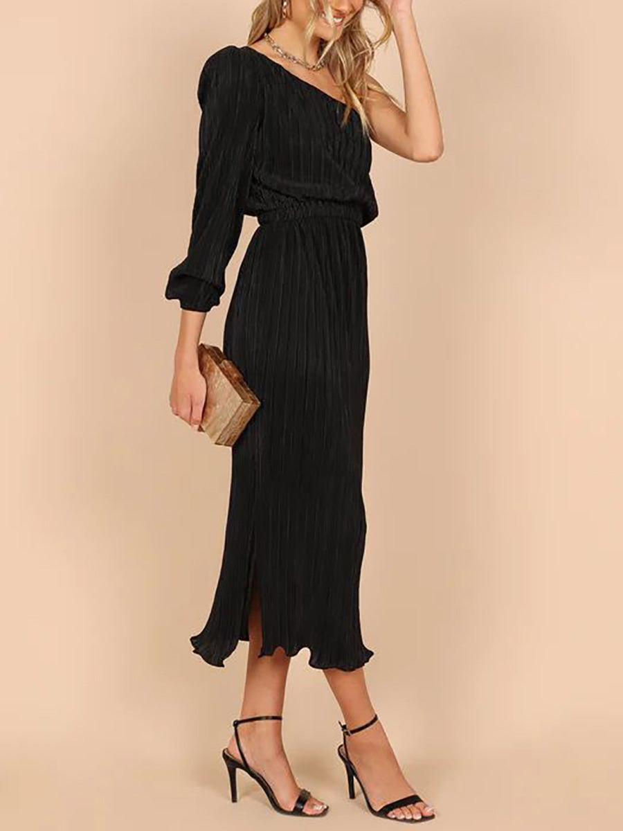 One-Shoulder Slash Neck Solid Color Party Dress(3 Colors)