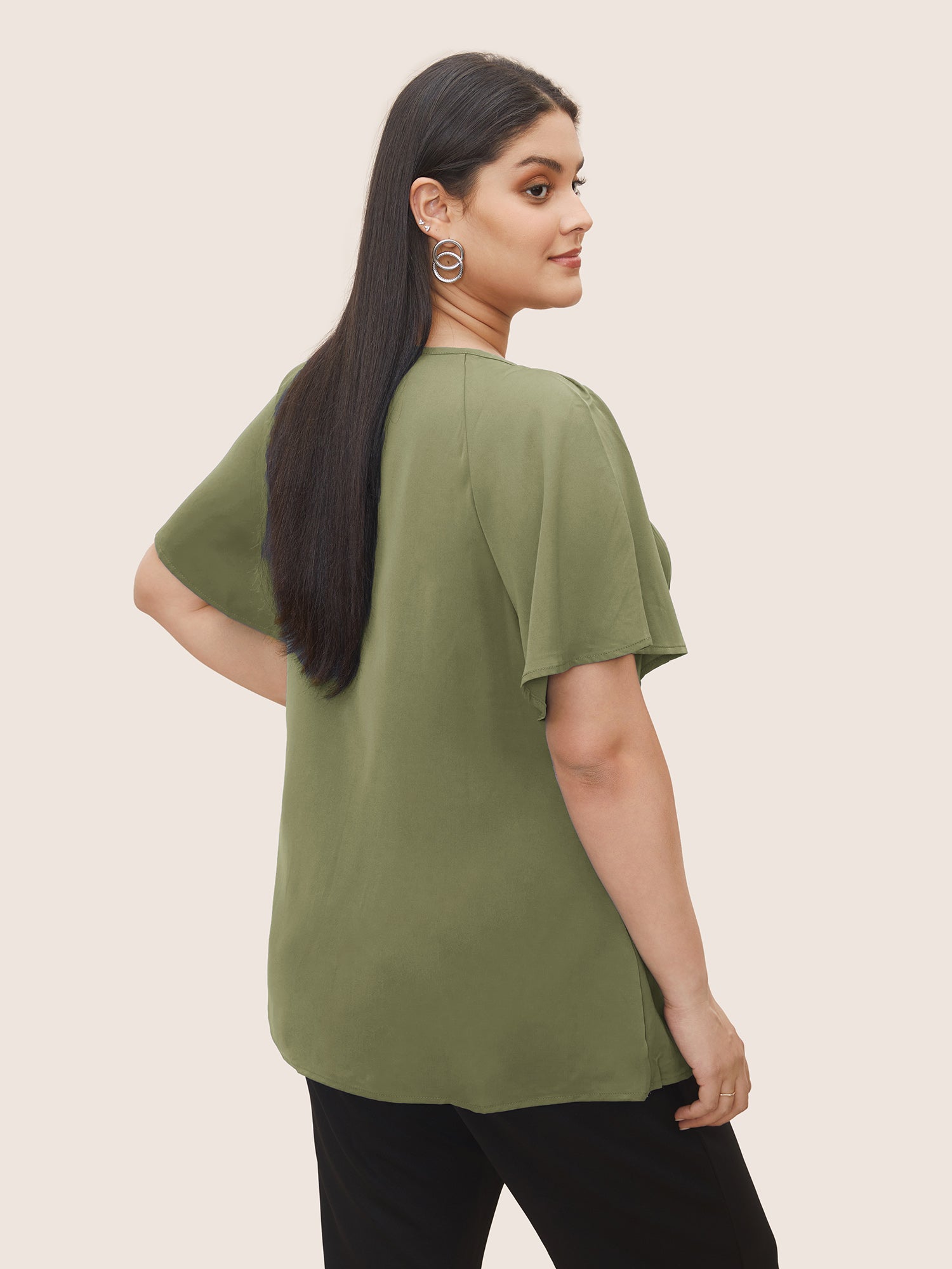 Plain Keyhole Knotted Front Ruffle Sleeve Blouse
