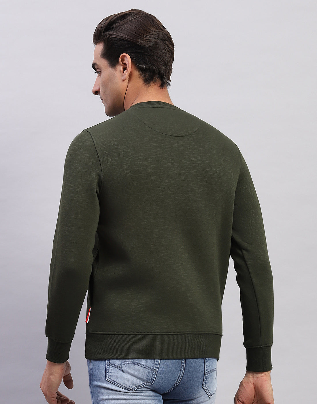 Men Olive Printed Round Neck Full Sleeve Sweatshirt