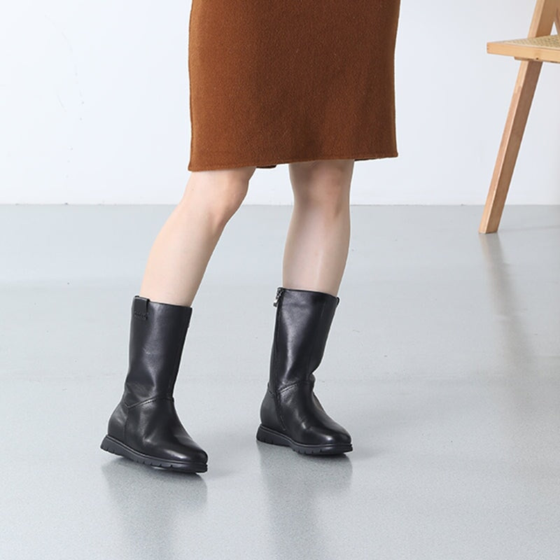 Chic Genuine Leather Round Toe Side Zip Low Heels Short Boots In Black Short Plush
