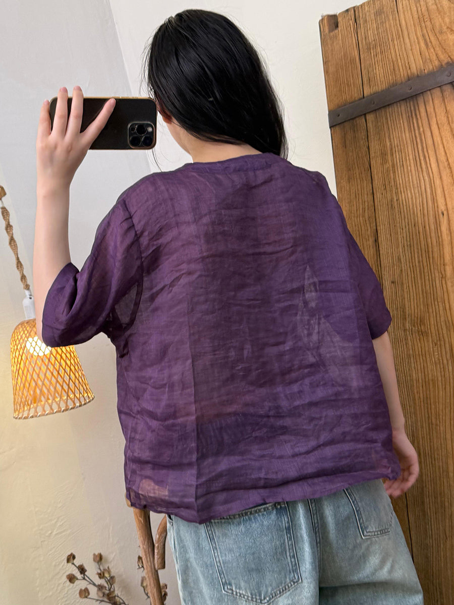 Women Summer Casual Pure Color V-Neck Ramie Shirt