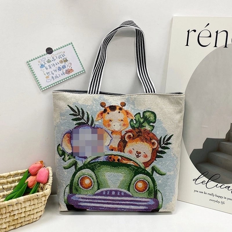 Women's Medium Canvas Animal Vacation Square Zipper Tote Bag