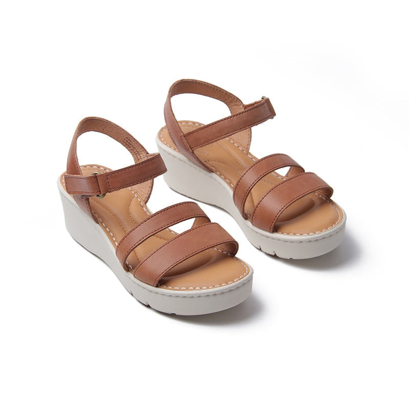 Handmade Leather Double-strap Wedges Sandals in Brown/Apricot- Womens Platform Slingback