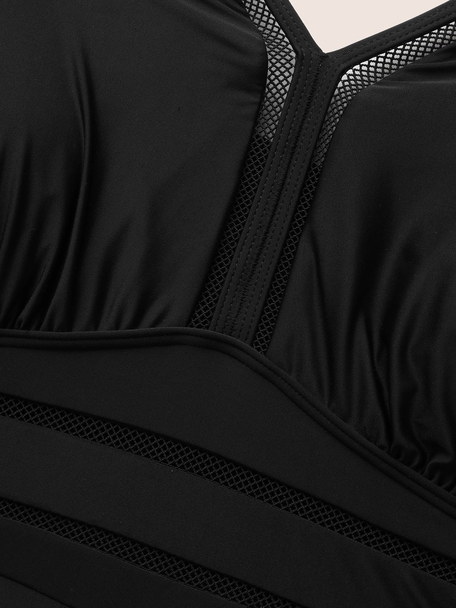 V Neck Patchwork Mesh Gathered One Piece Swimsuit