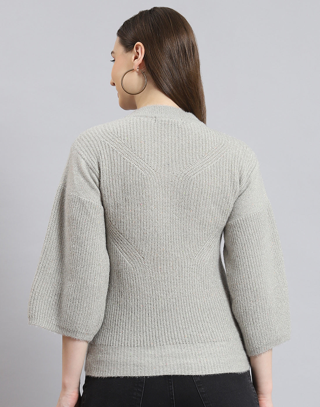 Women Grey Self Design Round Neck 3/4th Sleeve Sweater