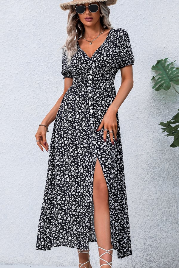 V Neck Smocked Chest Floral Print Maxi Dress