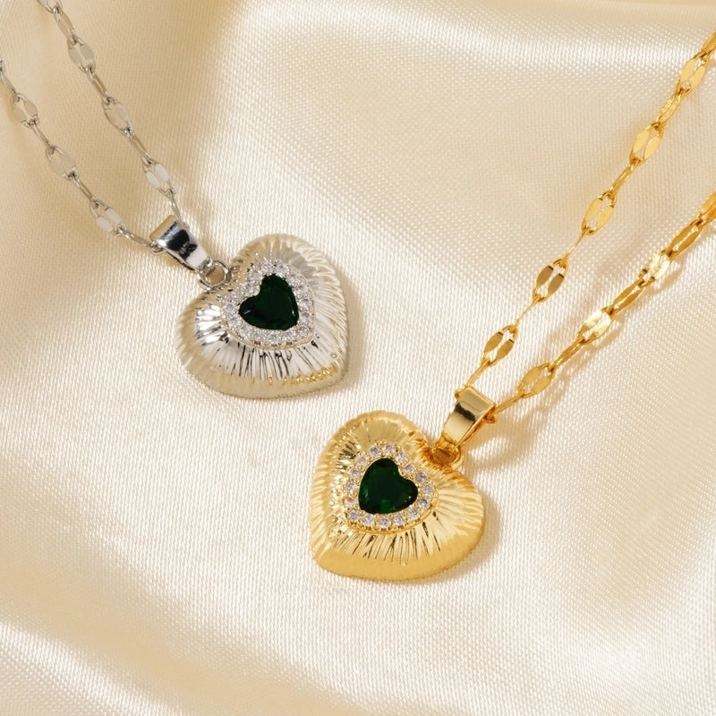 Classic Style Heart Shape 304 Stainless Steel Copper Zircon K Gold Plated Rhodium Plated Inlay Pendant Necklace
