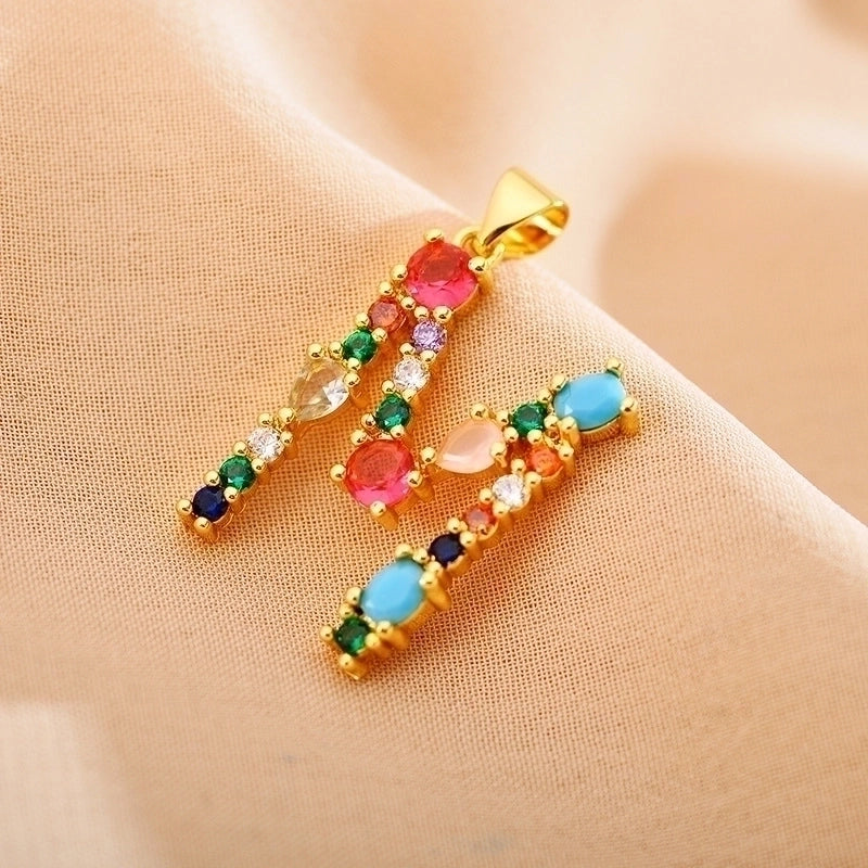 Copper Gold Plated Modern Style Shiny Inlay Letter Glass Stone Zircon Pendant Necklace