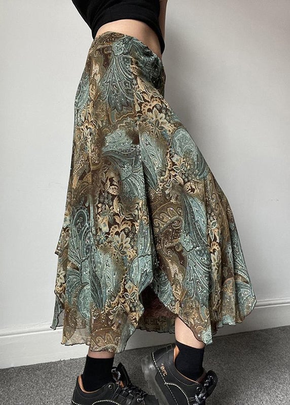 Vintage Green Print Lace Patchwork Skirts Summer