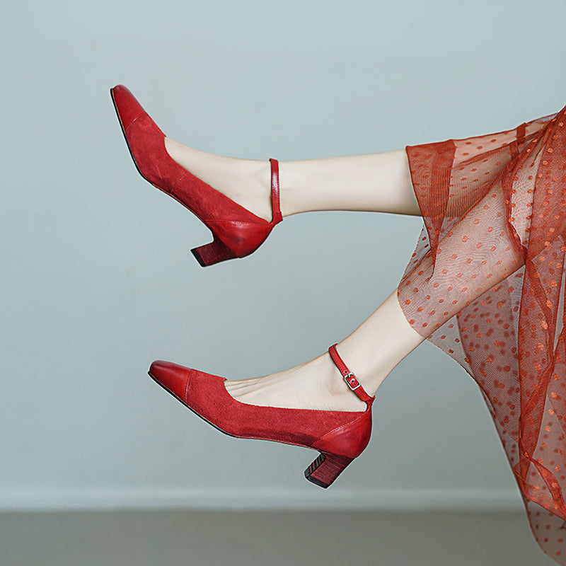 Elegant Washed Horsehide 45mm Block Heel Suede Mary Jane Shoes in Black/Red