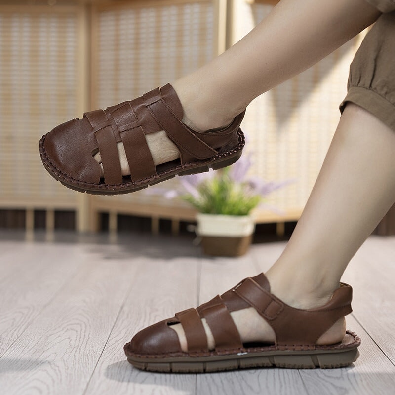 Genuine Leather Gladiator Sandals Summer Breathable Velcro Flat Shoes in Beige/Khaki/Coffee