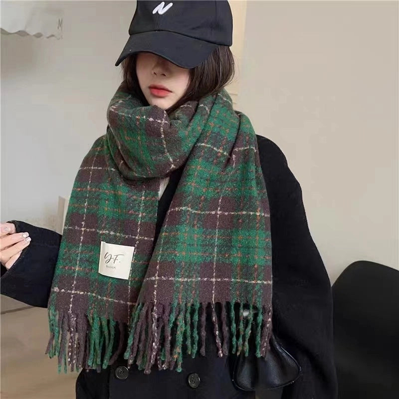New Plaid Autumn And Winter White Scarf Women's  Atmosphere Warm Soft Tassel Shawl Scarf