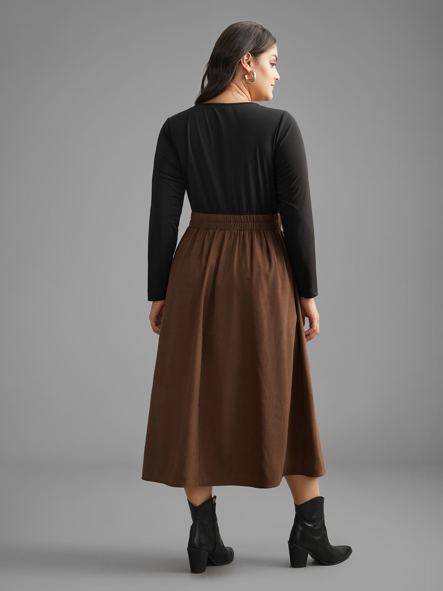 Crew Neck Contrast Shirred Pleated Dress