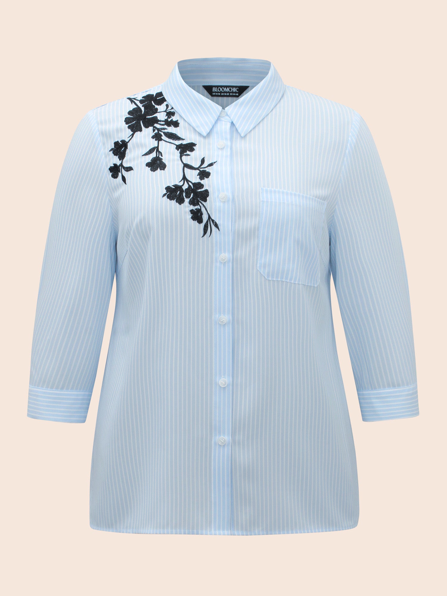 Floral Embroidered Striped Patched Pocket Blouse