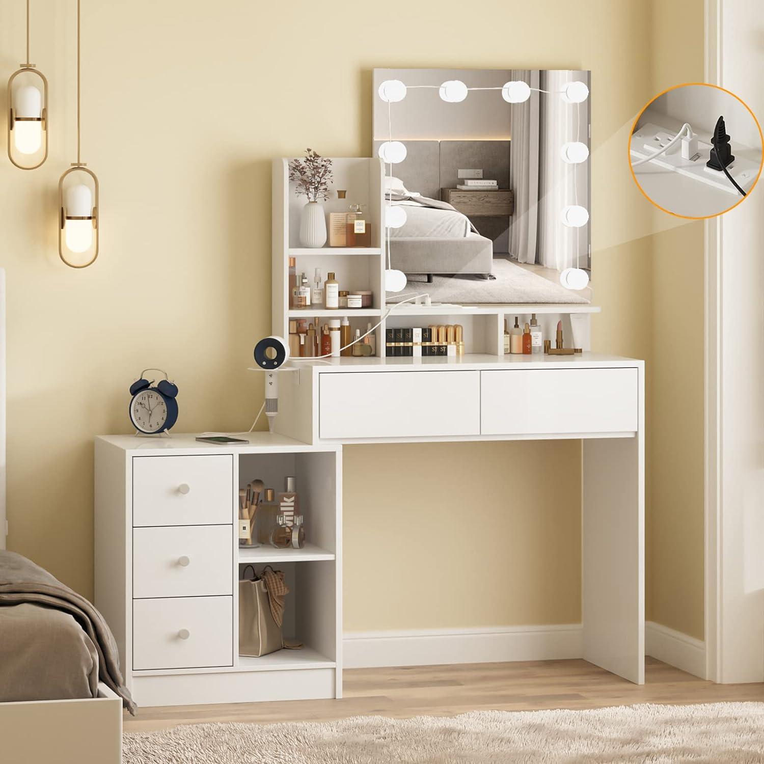 Functional White Vanity Table with 5 Drawers and Lots Storage Shelves for Women Girls