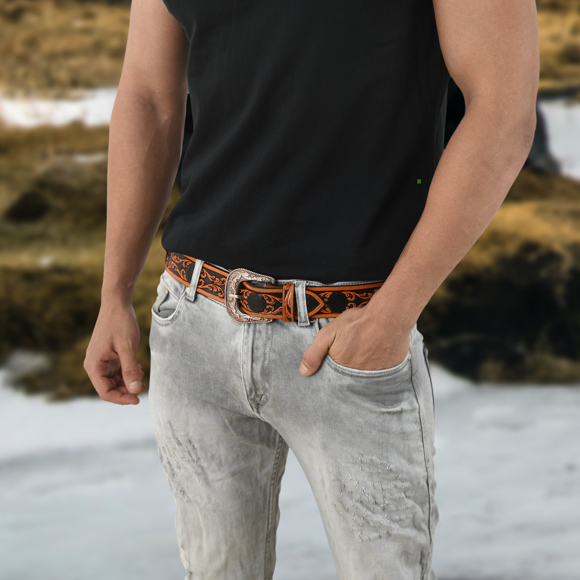 Western Cowboy Leather Belt - Black & Brown