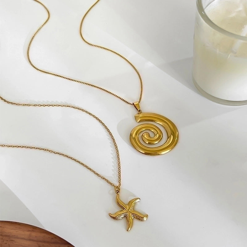 Marine Style Starfish Conch Shell 316L Stainless Steel  18K Gold Plated Pendant Necklace