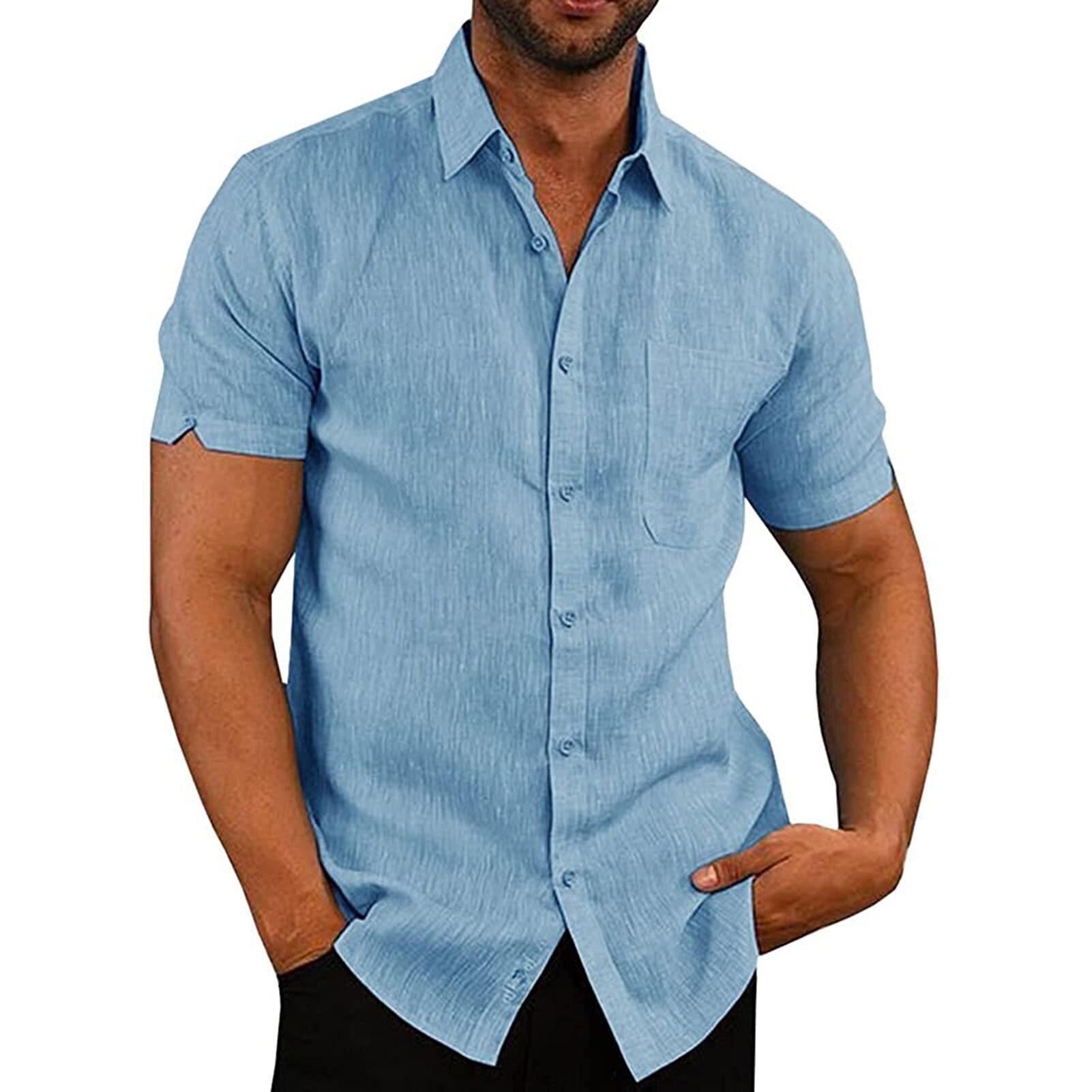 8-pack Mens Linen Shirts Short Sleeved Shirts Button Down Cotton Summer Casual Loose Fit Shirt Tops
