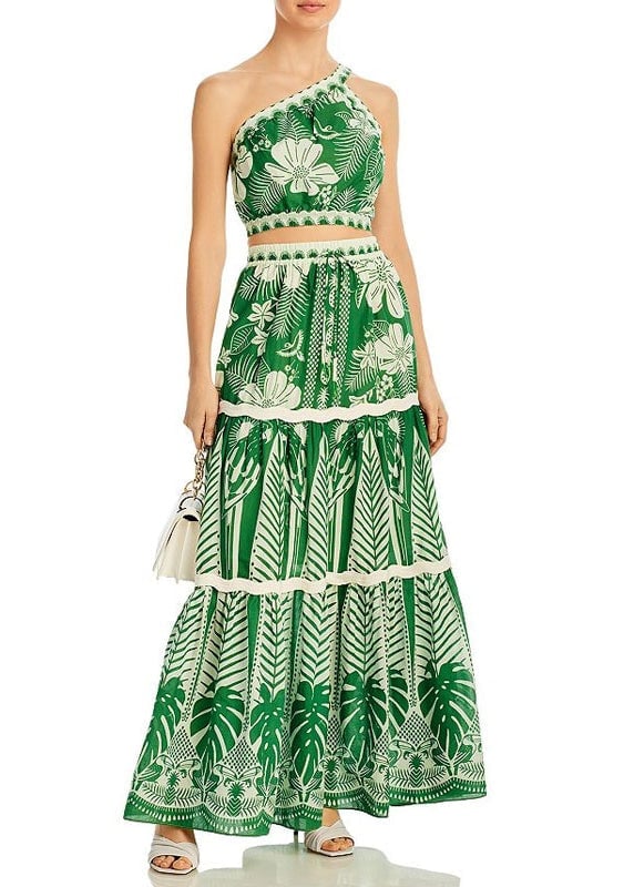 Bohemian Vacation Style One Shoulder Short Top And High Waisted Skirt Set