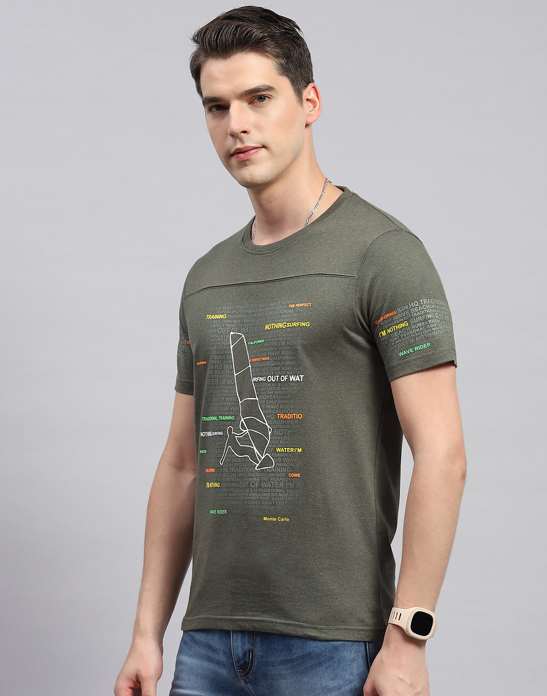 Men Olive Printed Round Neck Half Sleeve T-Shirt